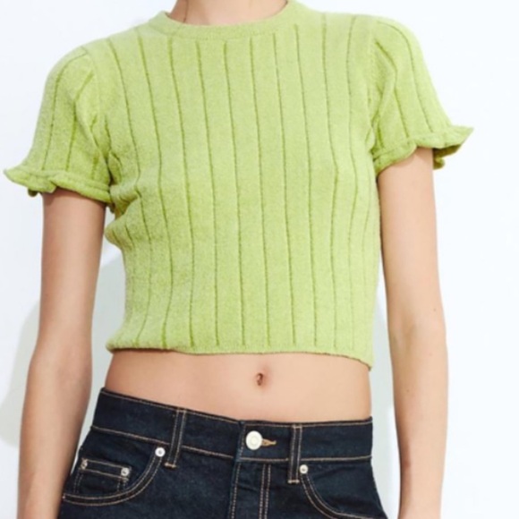 ZARA Ribbed Chenille Crop Top - Light Green - Picture 4 of 6